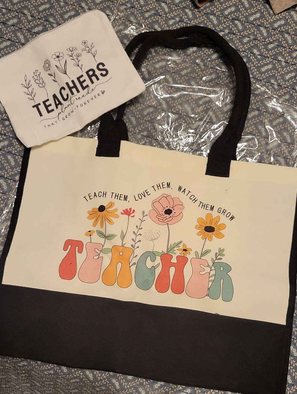 Teacher Floral Canvas Tote Bag – Cream and Black